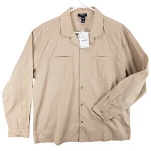 Forever 21 Woven Top Men's Large Camp Collar Long Sleeve Cotton Taupe